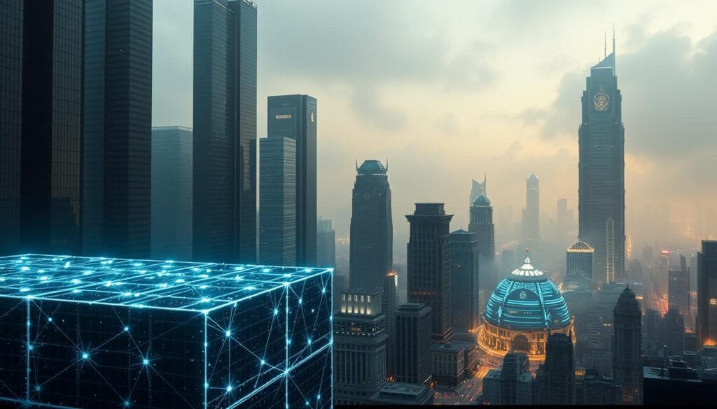 A blockchain-inspired cityscape, with towering skyscrapers representing the immutable ledger. In the foreground, a series of interlocking cubes symbolize the tokenization process, their edges glowing with digital energy. The mid-ground features a bustling financial district, where smart contracts are visualized as holographic contracts flashing between buildings. The background is shrouded in a futuristic haze, hinting at the transformative potential of this technology in the real estate sector. Cinematic lighting casts dramatic shadows, and the camera angle is slightly elevated, conveying a sense of scale and innovation. A blockchain-inspired cityscape, with towering skyscrapers representing the immutable ledger. In the foreground, a series of interlocking cubes symbolize the tokenization process, their edges glowing with digital energy. The mid-ground features a bustling financial district, where smart contracts are visualized as holographic contracts flashing between buildings. The background is shrouded in a futuristic haze, hinting at the transformative potential of this technology in the real estate sector. Cinematic lighting casts dramatic shadows, and the camera angle is slightly elevated, conveying a sense of scale and innovation.