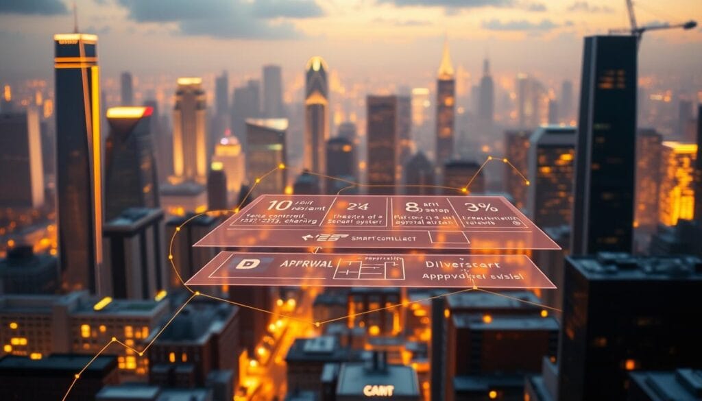 A blockchain payment solution with smart contracts in the foreground, represented by a series of interconnected digital agreements. In the middle ground, a layered visualization of transaction data and approval flows. In the background, a futuristic cityscape with skyscrapers and glowing technological infrastructure. The scene is illuminated by warm, diffused lighting, creating a sense of advanced, secure financial technology. The overall atmosphere conveys efficiency, transparency, and trust in the blockchain-powered payment system.