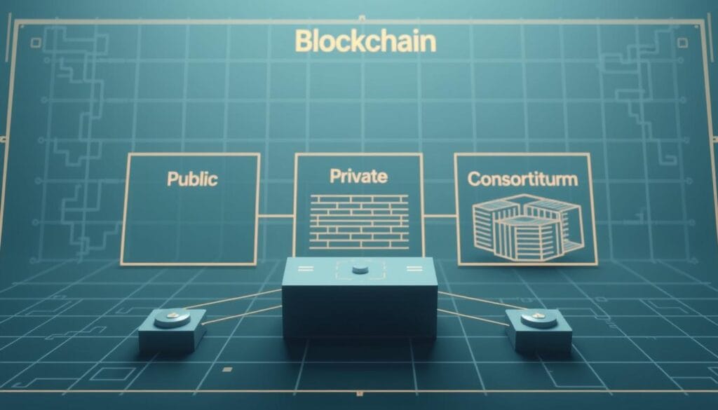 A blueprint-like diagram depicting three distinct types of blockchains: public, private, and consortium. The public blockchain occupies the foreground, its decentralized nodes and open-access network prominently displayed. In the middle ground, the private blockchain appears as a more controlled and centralized system, with restricted access and proprietary infrastructure. The consortium blockchain rests in the background, showcasing its hybrid nature - a collaborative effort among select organizations. The diagram is rendered in a technical, engineering-style aesthetic, with clean lines, geometric shapes, and muted color tones that evoke a sense of innovation and technology. Subtle lighting and shadows add depth and dimension to the scene, creating a balanced and visually engaging illustration.