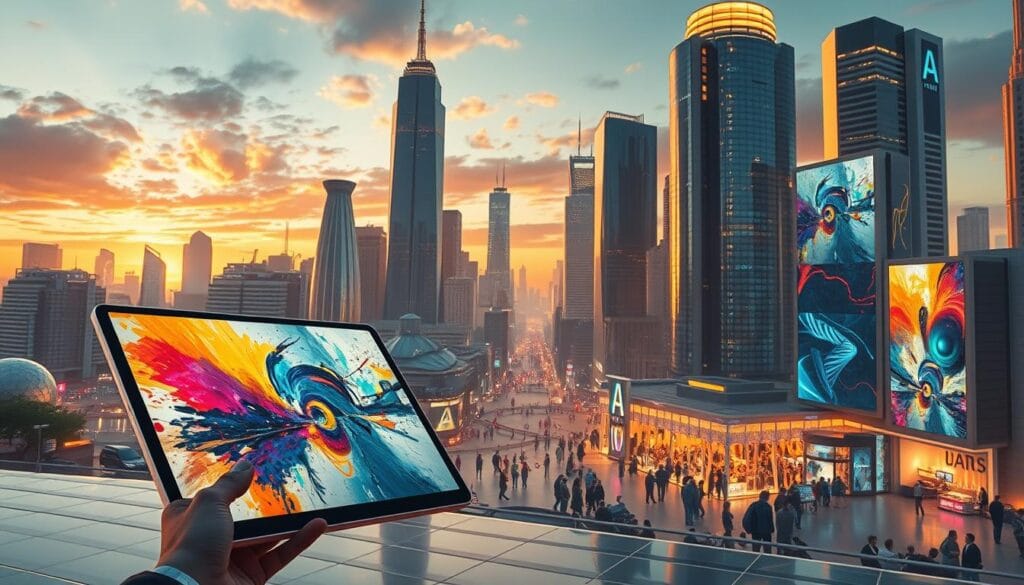 A breathtaking digital landscape showcasing the monetization of AI-generated art. In the foreground, a surreal, abstract painting emerges from a sleek, futuristic tablet, its brushstrokes dancing with algorithmic precision. The middle ground features a bustling marketplace, where artists and collectors exchange vibrant, generative digital canvases, each a unique expression of artificial creativity. The background is a cityscape of towering skyscrapers, their facades adorned with digital artwork, a testament to the integration of AI-powered art into the urban landscape. Bathed in a warm, golden light, the scene conveys a sense of artistic innovation, commercial opportunity, and the dawn of a new era in the art world. A breathtaking digital landscape showcasing the monetization of AI-generated art. In the foreground, a surreal, abstract painting emerges from a sleek, futuristic tablet, its brushstrokes dancing with algorithmic precision. The middle ground features a bustling marketplace, where artists and collectors exchange vibrant, generative digital canvases, each a unique expression of artificial creativity. The background is a cityscape of towering skyscrapers, their facades adorned with digital artwork, a testament to the integration of AI-powered art into the urban landscape. Bathed in a warm, golden light, the scene conveys a sense of artistic innovation, commercial opportunity, and the dawn of a new era in the art world.