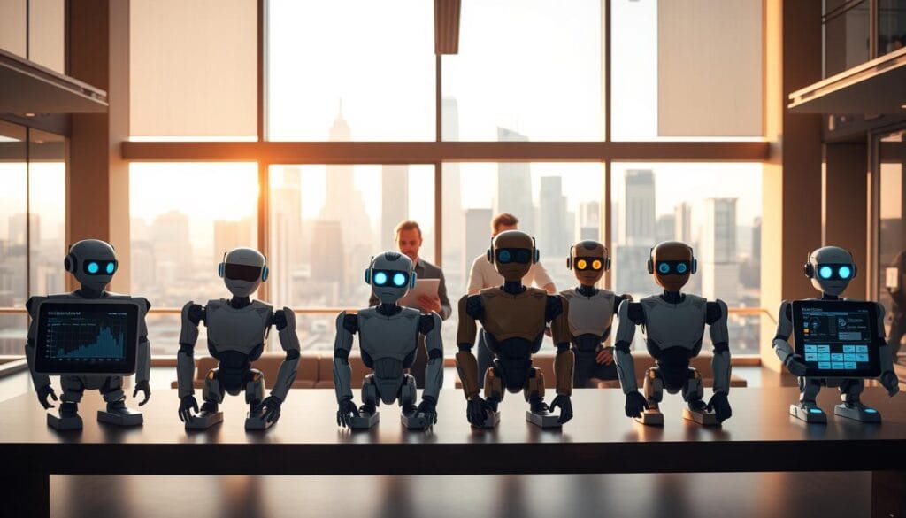 A bright, airy office setting with a large desk in the foreground. On the desk, several state-of-the-art AI chatbots are lined up, each with a distinct design and interface. In the middle ground, a team of analysts compare the chatbots' capabilities, analyzing data visualizations on their laptops. The background features floor-to-ceiling windows overlooking a bustling city skyline, bathed in warm, natural lighting. The overall scene conveys a sense of diligent, yet engaged, evaluation of the latest conversational AI technologies. A bright, airy office setting with a large desk in the foreground. On the desk, several state-of-the-art AI chatbots are lined up, each with a distinct design and interface. In the middle ground, a team of analysts compare the chatbots' capabilities, analyzing data visualizations on their laptops. The background features floor-to-ceiling windows overlooking a bustling city skyline, bathed in warm, natural lighting. The overall scene conveys a sense of diligent, yet engaged, evaluation of the latest conversational AI technologies.