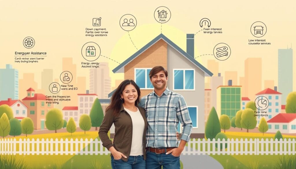 A bright, inviting illustration of first-time homebuyer assistance programs. In the foreground, a smiling couple stands in front of a modern, energy-efficient house, representing the successful attainment of their dream. Behind them, various icons and infographics depict the key elements of these programs, such as down payment assistance, low-interest loans, and counseling services. The midground features a stylized cityscape with a mix of residential and commercial buildings, symbolizing the broader community and economic factors. The background exhibits a warm, golden-hour lighting, creating a sense of optimism and opportunity. The overall composition conveys the transformative impact of these programs, empowering first-time buyers to overcome barriers and become homeowners.
