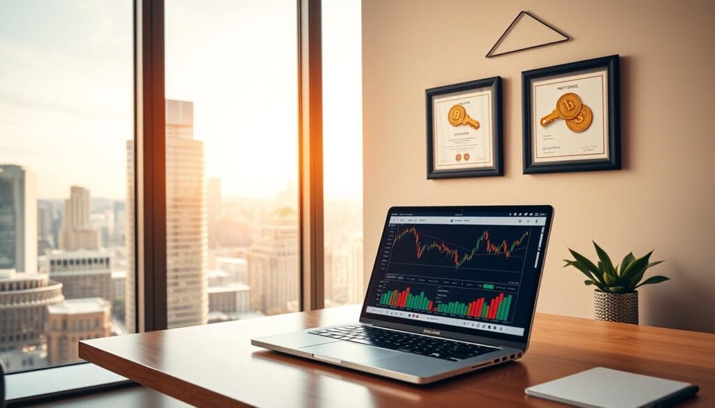 A bright, modern office setting with a large window overlooking a bustling city skyline. On the desk, a laptop open to a cryptocurrency trading app, displaying charts and graphs of digital asset performance. Framed stock certificates and digital wallet keys hang on the wall, symbolizing diverse income streams from crypto activities. Warm, natural lighting floods the room, creating a sense of productivity and success. The scene conveys the financial opportunities and technical savvy required to navigate the evolving world of cryptocurrency-based income.