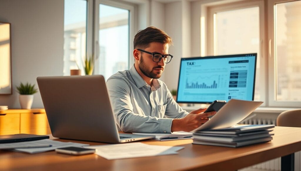 A bright, modern office setting with a neatly organized desk showcasing a laptop, smartphone, and various financial documents. In the foreground, a self-employed individual diligently navigates through intuitive tax software, their expression one of focused determination. Warm, natural lighting filters in through large windows, casting a productive and professional atmosphere. The background features minimalist decor and subtle hints of technology, reflecting the digital nature of contemporary tax preparation. The overall scene conveys the ease and efficiency of using specialized software to handle one's tax affairs as a self-employed professional.