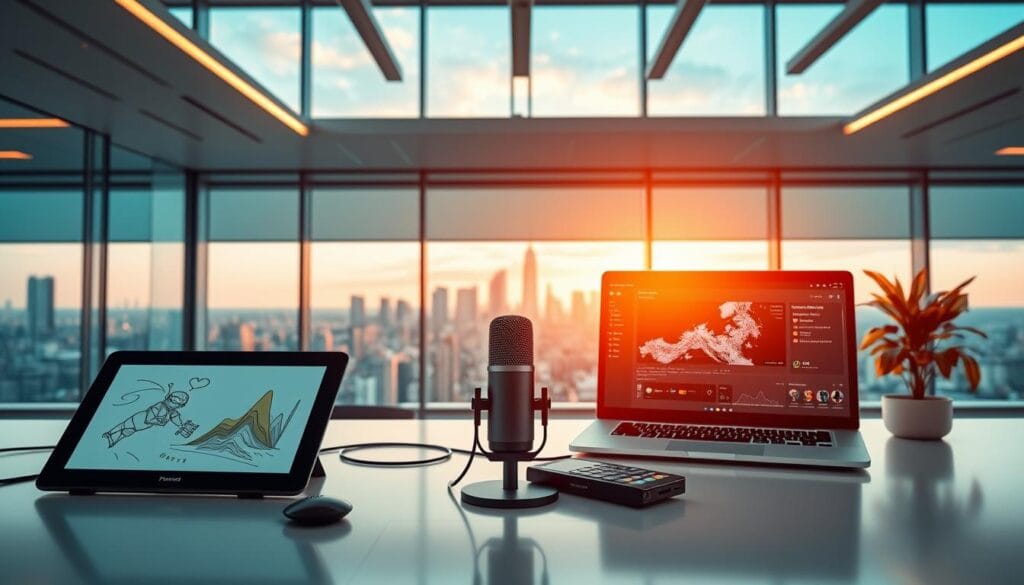 A bright, modern office setting with sleek AI-powered software interfaces and devices. In the foreground, various content creation tools like a tablet for digital sketching, a microphone for audio recording, and a laptop displaying a video editing interface. In the middle ground, a social media dashboard with analytics data and scheduling features. The background features an expansive city skyline view through floor-to-ceiling windows, with warm, directional lighting creating a professional, futuristic atmosphere. The composition emphasizes the interconnected nature of AI-driven content creation and social media management.