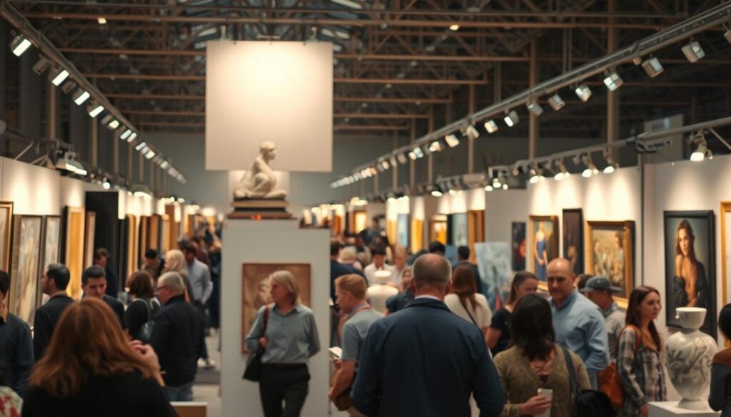 A bustling art fair, where canvases and sculptures vie for attention. In the foreground, collectors and gallerists haggle over prices, their faces illuminated by the warm glow of spotlights. In the middle ground, artists present their creations, anxiously awaiting the verdict of the discerning crowd. The background is a blur of activity, with attendees navigating the maze of booths, their footsteps echoing against the high ceilings. The atmosphere is charged with excitement and the occasional twinge of uncertainty, as the impact of AI-generated art looms large over the traditional art market. A bustling art fair, where canvases and sculptures vie for attention. In the foreground, collectors and gallerists haggle over prices, their faces illuminated by the warm glow of spotlights. In the middle ground, artists present their creations, anxiously awaiting the verdict of the discerning crowd. The background is a blur of activity, with attendees navigating the maze of booths, their footsteps echoing against the high ceilings. The atmosphere is charged with excitement and the occasional twinge of uncertainty, as the impact of AI-generated art looms large over the traditional art market.