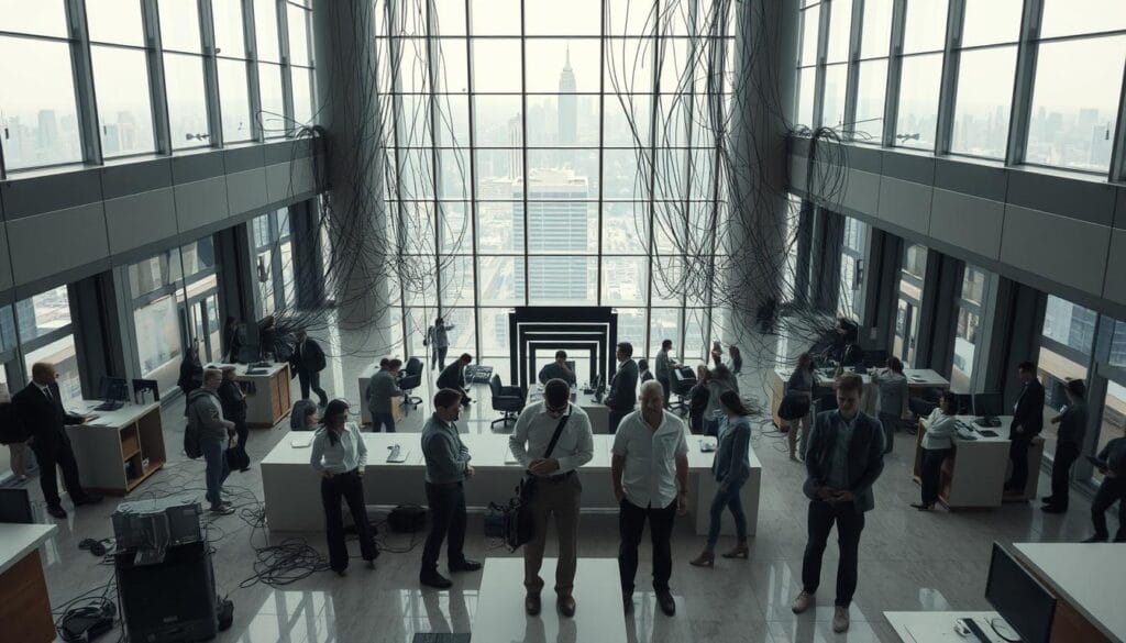 A bustling banking lobby with a towering, glass-enclosed atrium. In the foreground, bank employees struggle with a complex web of wires and cables, grappling with integrating new AI-powered systems. In the middle ground, customers stand bewildered, uncertain about the changes. The background reveals a panoramic view of the city skyline, hinting at the broader technological transformation underway. Soft, diffused lighting creates a contemplative mood, underscoring the challenges of seamlessly incorporating AI into the traditional banking landscape. A bustling banking lobby with a towering, glass-enclosed atrium. In the foreground, bank employees struggle with a complex web of wires and cables, grappling with integrating new AI-powered systems. In the middle ground, customers stand bewildered, uncertain about the changes. The background reveals a panoramic view of the city skyline, hinting at the broader technological transformation underway. Soft, diffused lighting creates a contemplative mood, underscoring the challenges of seamlessly incorporating AI into the traditional banking landscape.