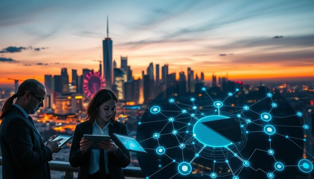 A bustling city skyline at dusk, with towering skyscrapers and cranes dotting the horizon. In the foreground, a group of business professionals intently discussing investment strategies on tablets and laptops, their faces illuminated by the warm glow of digital displays. The middle ground features a visual representation of an AI system, with interconnected nodes and data visualizations pulsing with energy. The background is a blend of vibrant colors, suggesting the dynamism and potential of AI-driven investments. The scene is captured with a cinematic wide-angle lens, creating a sense of scale and immersion. The overall mood is one of optimism, innovation, and the promise of a technologically-driven future. A bustling city skyline at dusk, with towering skyscrapers and cranes dotting the horizon. In the foreground, a group of business professionals intently discussing investment strategies on tablets and laptops, their faces illuminated by the warm glow of digital displays. The middle ground features a visual representation of an AI system, with interconnected nodes and data visualizations pulsing with energy. The background is a blend of vibrant colors, suggesting the dynamism and potential of AI-driven investments. The scene is captured with a cinematic wide-angle lens, creating a sense of scale and immersion. The overall mood is one of optimism, innovation, and the promise of a technologically-driven future.