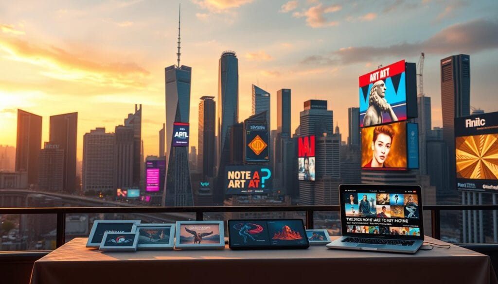 A bustling city skyline at sunset, with towering skyscrapers and neon billboards promoting various AI-generated artworks. In the foreground, a table displays a collection of digital art pieces, accompanied by sleek, minimalist signage and a laptop showcasing a vibrant online gallery. The scene is illuminated by warm, golden lighting, creating a captivating and alluring atmosphere for the promotion of AI-driven creative expressions. The image conveys a sense of innovation, technology, and the growing prominence of AI art in the contemporary art world. A bustling city skyline at sunset, with towering skyscrapers and neon billboards promoting various AI-generated artworks. In the foreground, a table displays a collection of digital art pieces, accompanied by sleek, minimalist signage and a laptop showcasing a vibrant online gallery. The scene is illuminated by warm, golden lighting, creating a captivating and alluring atmosphere for the promotion of AI-driven creative expressions. The image conveys a sense of innovation, technology, and the growing prominence of AI art in the contemporary art world.