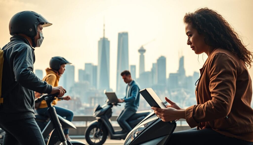 A bustling city skyline, with towering skyscrapers in the background, recedes into the distance. In the foreground, a group of diverse individuals engage in various on-demand tasks, representing the gig economy. A delivery rider zips by on a sleek electric scooter, while a rideshare driver waits patiently for their next customer. In the middle ground, a freelance graphic designer works intently on a laptop, surrounded by a coworking space filled with the hum of productivity. Soft, warm lighting casts a vibrant, energetic atmosphere, capturing the dynamic nature of the gig economy and the hustle of modern, on-demand work. A bustling city skyline, with towering skyscrapers in the background, recedes into the distance. In the foreground, a group of diverse individuals engage in various on-demand tasks, representing the gig economy. A delivery rider zips by on a sleek electric scooter, while a rideshare driver waits patiently for their next customer. In the middle ground, a freelance graphic designer works intently on a laptop, surrounded by a coworking space filled with the hum of productivity. Soft, warm lighting casts a vibrant, energetic atmosphere, capturing the dynamic nature of the gig economy and the hustle of modern, on-demand work.