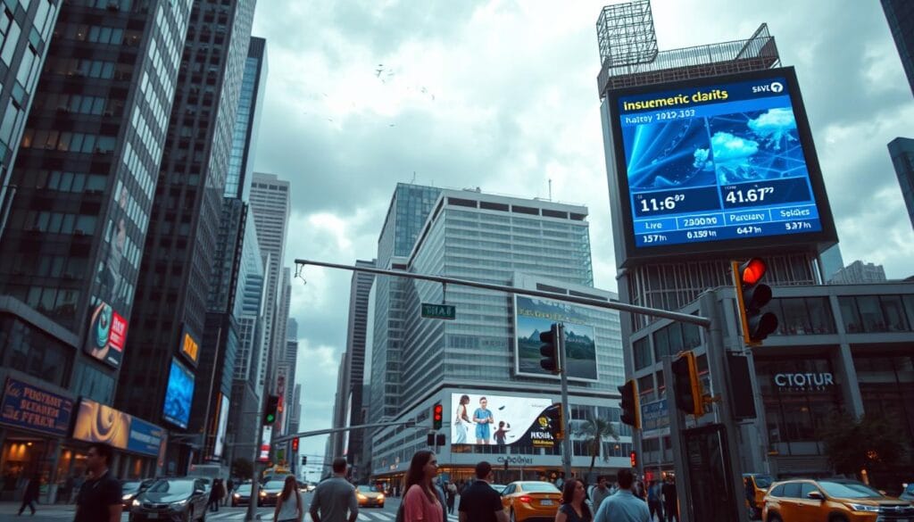 A bustling city street, with towering skyscrapers and billowing clouds overhead. In the foreground, a group of people standing under a large electronic billboard displaying real-time weather data, rainfall levels, and wind speeds. In the middle ground, a busy intersection where traffic signals are automatically adjusting based on the live weather conditions. In the background, a sleek, modern office building with sensors monitoring the local environment and transmitting data to an insurance provider's parametric policy system. The scene conveys a sense of efficiency, innovation, and the seamless integration of technology into urban infrastructure to enable fast and fair insurance claims.