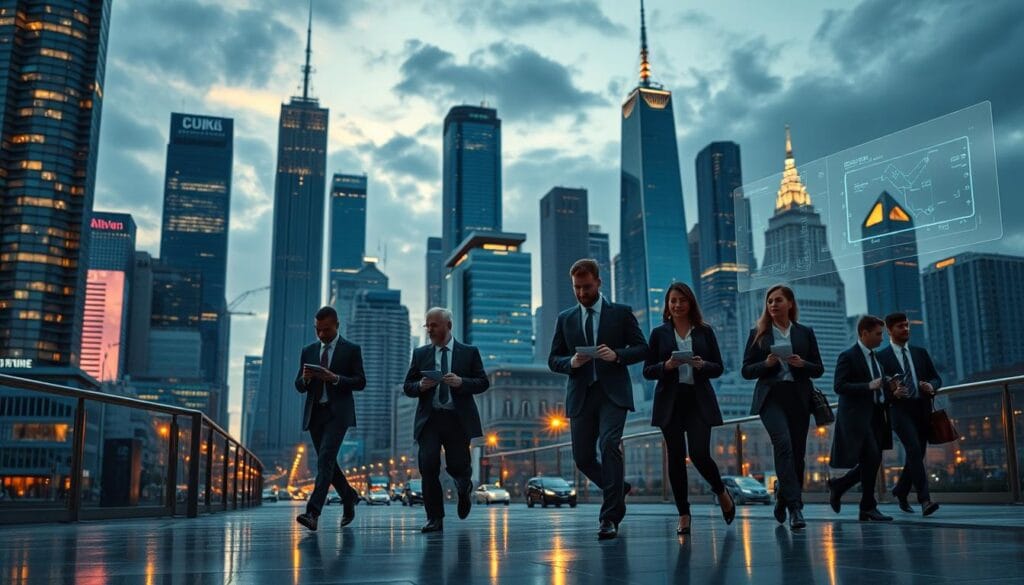 A bustling cityscape at dusk, the skyline dominated by towering skyscrapers adorned with glowing windows, conveying the energy and dynamism of a thriving metropolis. In the foreground, a group of business professionals in suits stride purposefully, tablets and laptops in hand, reflecting the rapid pace of technological innovation transforming the corporate landscape. Ambient lighting casts a warm, futuristic glow, while sleek, minimalist architecture and floating holographic displays hint at the integration of cutting-edge AI systems driving the AI revolution in business. The scene evokes a sense of progress, efficiency, and the promise of a tech-driven future. A bustling cityscape at dusk, the skyline dominated by towering skyscrapers adorned with glowing windows, conveying the energy and dynamism of a thriving metropolis. In the foreground, a group of business professionals in suits stride purposefully, tablets and laptops in hand, reflecting the rapid pace of technological innovation transforming the corporate landscape. Ambient lighting casts a warm, futuristic glow, while sleek, minimalist architecture and floating holographic displays hint at the integration of cutting-edge AI systems driving the AI revolution in business. The scene evokes a sense of progress, efficiency, and the promise of a tech-driven future.