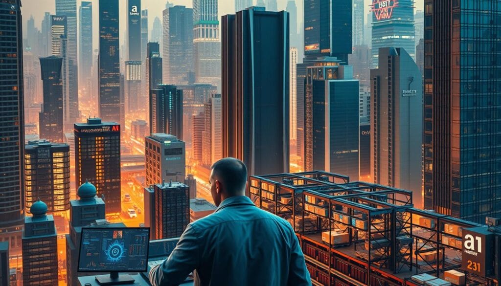 A bustling cityscape filled with modern high-rise buildings, reflecting the dynamic nature of the AI industry. In the foreground, a team of professionals collaborating on AI-powered financial trading algorithms, their expressions focused and determined. In the middle ground, an e-commerce fulfillment center buzzes with robotic activity, optimizing inventory and delivery. Towering in the background, a sleek data center housing the powerful computing infrastructure that powers these AI applications. The scene is illuminated by warm, directional lighting, creating a sense of energy and progress. The overall atmosphere conveys the transformative potential of AI across diverse industries, from finance to retail.
