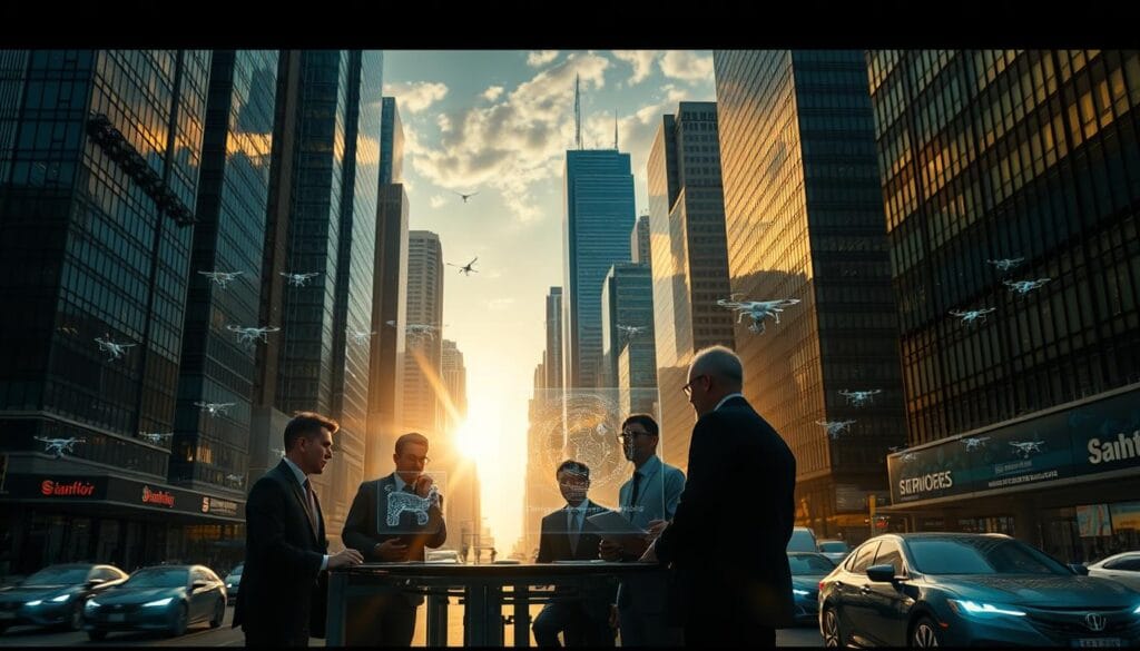 A bustling cityscape, towering skyscrapers reaching for the sky, their glass facades reflecting the sun's golden rays. In the foreground, a group of business people in suits, their expressions focused and determined, gathered around a table, deep in discussion, surrounded by holographic displays showcasing various AI-powered profit strategies. The background is alive with the hum of technology, drones and self-driving cars weaving through the streets, creating a sense of the future unfolding. The lighting is sharp and dramatic, casting long shadows and highlighting the intensity of the scene. The overall atmosphere conveys a sense of innovation, ambition, and the relentless pursuit of financial gain through the power of artificial intelligence. A bustling cityscape, towering skyscrapers reaching for the sky, their glass facades reflecting the sun's golden rays. In the foreground, a group of business people in suits, their expressions focused and determined, gathered around a table, deep in discussion, surrounded by holographic displays showcasing various AI-powered profit strategies. The background is alive with the hum of technology, drones and self-driving cars weaving through the streets, creating a sense of the future unfolding. The lighting is sharp and dramatic, casting long shadows and highlighting the intensity of the scene. The overall atmosphere conveys a sense of innovation, ambition, and the relentless pursuit of financial gain through the power of artificial intelligence.