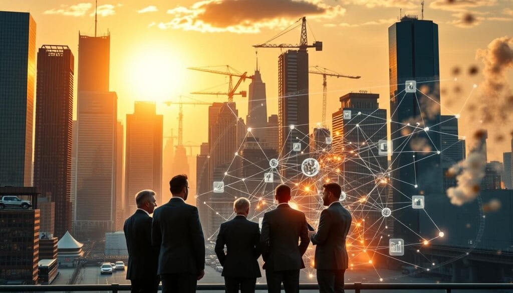 A bustling cityscape with gleaming skyscrapers and towering cranes, illuminated by a golden sunset. In the foreground, a group of business professionals in sleek suits and ties stand before a large, holographic projection, their faces aglow with fascination as they examine intricate diagrams and charts. The middle ground features a network of glowing lines and nodes, representing the interconnected flows of data, ideas, and innovation that drive the digital transformation of industry. In the background, clouds of digital dust swirl, hinting at the powerful algorithms and machine learning models that power this new era of business. The overall scene conveys a sense of dynamic progress, technological prowess, and the promise of a future shaped by the convergence of human expertise and artificial intelligence.