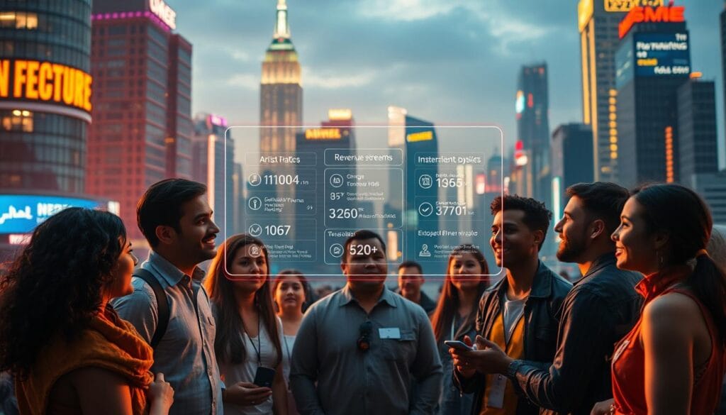 A bustling cityscape, with high-rise buildings and neon-lit skyscrapers, serves as the backdrop. In the foreground, a group of diverse individuals, representing artists, entrepreneurs, and tech enthusiasts, engage in a lively discussion, their expressions animated as they explore the possibilities of AI-powered art monetization. The scene is bathed in a warm, vibrant glow, conveying a sense of energy and optimism. A sleek, futuristic interface hovers in the middle ground, showcasing various revenue streams and business models, hinting at the untapped potential of this emerging market. The overall atmosphere is one of innovation, collaboration, and the pursuit of new creative frontiers. A bustling cityscape, with high-rise buildings and neon-lit skyscrapers, serves as the backdrop. In the foreground, a group of diverse individuals, representing artists, entrepreneurs, and tech enthusiasts, engage in a lively discussion, their expressions animated as they explore the possibilities of AI-powered art monetization. The scene is bathed in a warm, vibrant glow, conveying a sense of energy and optimism. A sleek, futuristic interface hovers in the middle ground, showcasing various revenue streams and business models, hinting at the untapped potential of this emerging market. The overall atmosphere is one of innovation, collaboration, and the pursuit of new creative frontiers.