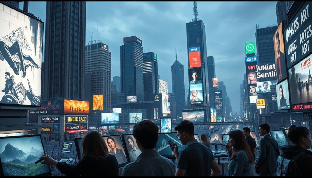 A bustling cityscape with towering skyscrapers and neon-lit billboards, showcasing the commercial potential of AI-generated art. In the foreground, a group of innovative artists and entrepreneurs collaborate on digital canvases, their faces illuminated by the glow of computer screens. In the middle ground, a vibrant marketplace displays a diverse array of AI-powered artworks, from surreal landscapes to hyper-realistic portraits. The background is filled with a sense of energy and possibility, as the city pulses with the promise of this new creative frontier. The lighting is sharp and dramatic, casting dynamic shadows and highlights that accentuate the avant-garde nature of the scene. A bustling cityscape with towering skyscrapers and neon-lit billboards, showcasing the commercial potential of AI-generated art. In the foreground, a group of innovative artists and entrepreneurs collaborate on digital canvases, their faces illuminated by the glow of computer screens. In the middle ground, a vibrant marketplace displays a diverse array of AI-powered artworks, from surreal landscapes to hyper-realistic portraits. The background is filled with a sense of energy and possibility, as the city pulses with the promise of this new creative frontier. The lighting is sharp and dramatic, casting dynamic shadows and highlights that accentuate the avant-garde nature of the scene.