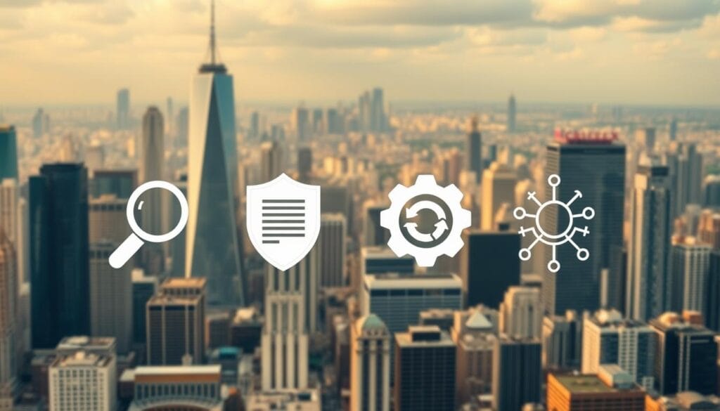 A bustling cityscape with towering skyscrapers in the background, representing the complex financial landscape. In the foreground, various Regtech solutions are depicted as distinct icons and symbols, each showcasing its specialized functionality - a magnifying glass for compliance monitoring, a shield for risk management, a gear for automated reporting, and a data flow diagram for streamlined data analytics. The scene is illuminated by warm, diffused lighting, conveying a sense of efficiency and innovation. The composition is arranged in a clean, minimalist style, allowing the Regtech solutions to take center stage and emphasize their role in simplifying compliance within the financial industry.