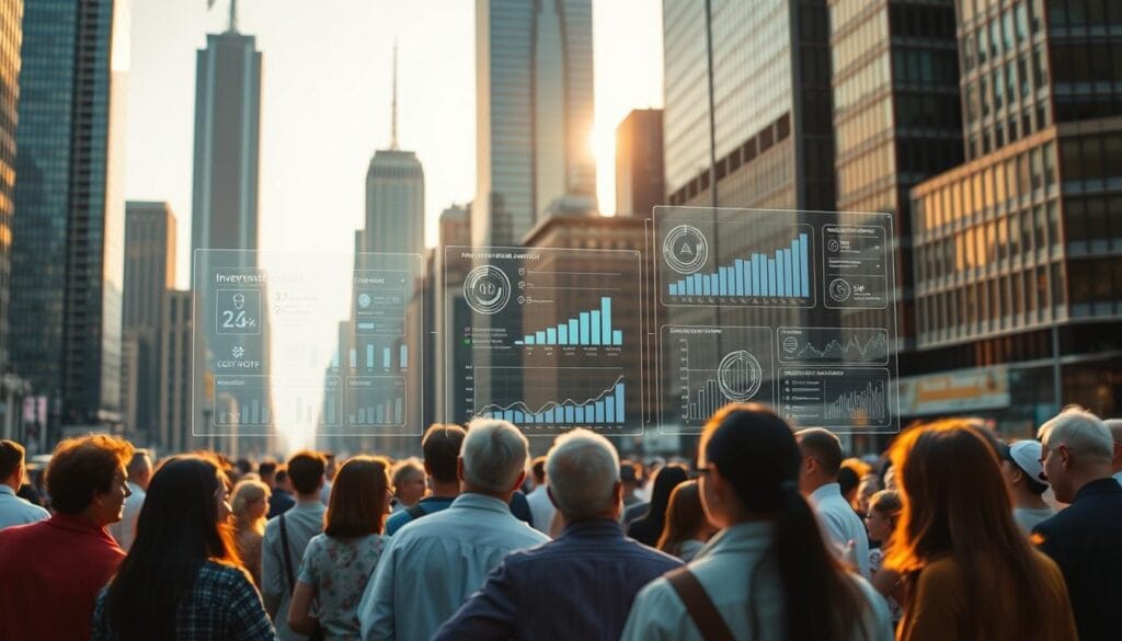 A bustling cityscape with towering skyscrapers in the background, their glass facades reflecting the warm afternoon sun. In the foreground, a diverse group of people - young and old, from various backgrounds - gathered around a central digital interface. Holographic displays showcase investment portfolios, financial analytics, and intuitive investment planning tools. The mood is one of empowerment and accessibility, as the AI-powered robo-advisor platform democratizes wealth management, making sophisticated financial services available to the masses. Soft, diffused lighting illuminates the scene, creating a sense of openness and possibility.