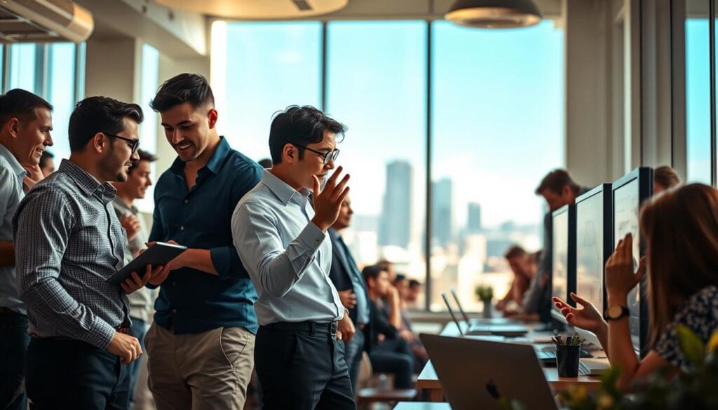 A bustling co-working space, sunlit and vibrant, with individuals hunched over laptops, engaged in deep discussions. In the foreground, a data scientist in a crisp shirt and slacks, gesticulating animatedly as they review charts and graphs on their screen. The middle ground features a diverse group of professionals, some in casual attire, others in formal business wear, all collaborating on projects, exchanging ideas, and exploring the latest data science tools and techniques. In the background, a skyline of modern high-rises, hinting at the thriving tech and entrepreneurial ecosystem where these freelance opportunities flourish. The overall atmosphere is one of productivity, innovation, and a sense of boundless potential.