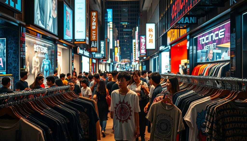 A bustling commercial district, illuminated by warm light and filled with an array of algorithm-based designs. In the foreground, a vibrant display of t-shirts, each emblazoned with unique, AI-generated patterns and graphics. The middle ground showcases a diverse range of customers, fashion enthusiasts, and tech-savvy individuals browsing the selection, captivated by the innovative designs. In the background, sleek storefront windows and neon signs suggest a thriving, technology-driven market for these cutting-edge fashion items. The scene conveys a sense of excitement and commercial demand for the integration of algorithms and artificial intelligence into the world of apparel and design. A bustling commercial district, illuminated by warm light and filled with an array of algorithm-based designs. In the foreground, a vibrant display of t-shirts, each emblazoned with unique, AI-generated patterns and graphics. The middle ground showcases a diverse range of customers, fashion enthusiasts, and tech-savvy individuals browsing the selection, captivated by the innovative designs. In the background, sleek storefront windows and neon signs suggest a thriving, technology-driven market for these cutting-edge fashion items. The scene conveys a sense of excitement and commercial demand for the integration of algorithms and artificial intelligence into the world of apparel and design.