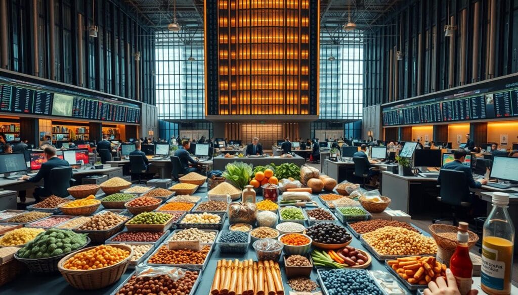 A bustling commodity trading hub, with a wide array of tradable goods laid out on sleek, modern trading desks. In the foreground, various agricultural products, precious metals, and energy commodities are displayed in an organized, visually striking manner, conveying the sheer diversity of the market. The middle ground features brokers and traders engaged in active negotiations, their faces reflecting the intensity of the negotiations. The background showcases a towering, glass-paneled exchange building, bathed in warm, natural lighting that creates a sense of dynamism and professionalism. The overall scene captures the essence of a thriving, high-tech commodity trading ecosystem, ready to serve the needs of a global market. A bustling commodity trading hub, with a wide array of tradable goods laid out on sleek, modern trading desks. In the foreground, various agricultural products, precious metals, and energy commodities are displayed in an organized, visually striking manner, conveying the sheer diversity of the market. The middle ground features brokers and traders engaged in active negotiations, their faces reflecting the intensity of the negotiations. The background showcases a towering, glass-paneled exchange building, bathed in warm, natural lighting that creates a sense of dynamism and professionalism. The overall scene captures the essence of a thriving, high-tech commodity trading ecosystem, ready to serve the needs of a global market.