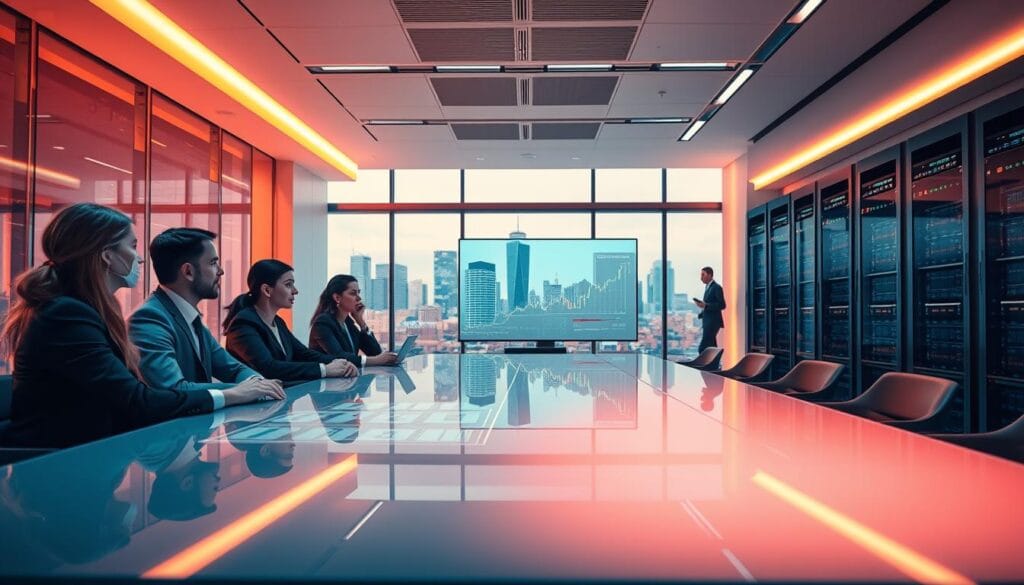 A bustling corporate banking office, flooded with warm, ambient lighting that accentuates the clean, minimalist aesthetic. In the foreground, a team of well-dressed professionals collaborating around a sleek, glass conference table, their expressions focused as they discuss complex financial diagrams projected onto a large screen. The middle ground showcases a panoramic view of the city skyline through floor-to-ceiling windows, hinting at the global reach of the institution. The background is filled with a robust network of servers and cutting-edge computing hardware, symbolizing the technological backbone that powers the bank's innovative quantum computing solutions. A bustling corporate banking office, flooded with warm, ambient lighting that accentuates the clean, minimalist aesthetic. In the foreground, a team of well-dressed professionals collaborating around a sleek, glass conference table, their expressions focused as they discuss complex financial diagrams projected onto a large screen. The middle ground showcases a panoramic view of the city skyline through floor-to-ceiling windows, hinting at the global reach of the institution. The background is filled with a robust network of servers and cutting-edge computing hardware, symbolizing the technological backbone that powers the bank's innovative quantum computing solutions.