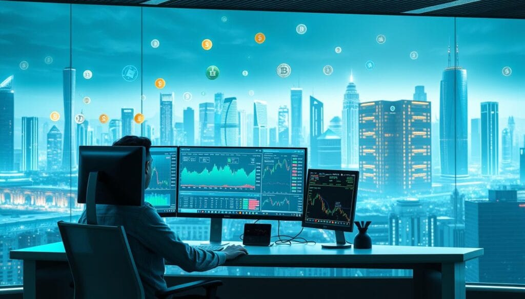A bustling cryptocurrency trading desk set against a backdrop of futuristic digital landscapes. In the foreground, a trader intently studies multiple screens displaying real-time market data, graphs, and analytics tools. The desk is clean and minimalist, with a high-end workstation and ergonomic chair. Soft blue and green lighting illuminates the space, creating a focused, technologically-advanced atmosphere. In the middle ground, virtual currency symbols and blockchain data visualizations hover and pulsate, reflecting the dynamic nature of the cryptocurrency market. The background depicts a cityscape of gleaming skyscrapers and towering data centers, symbolizing the convergence of finance and technology. The overall scene conveys the precision, innovation, and excitement of modern cryptocurrency trading.