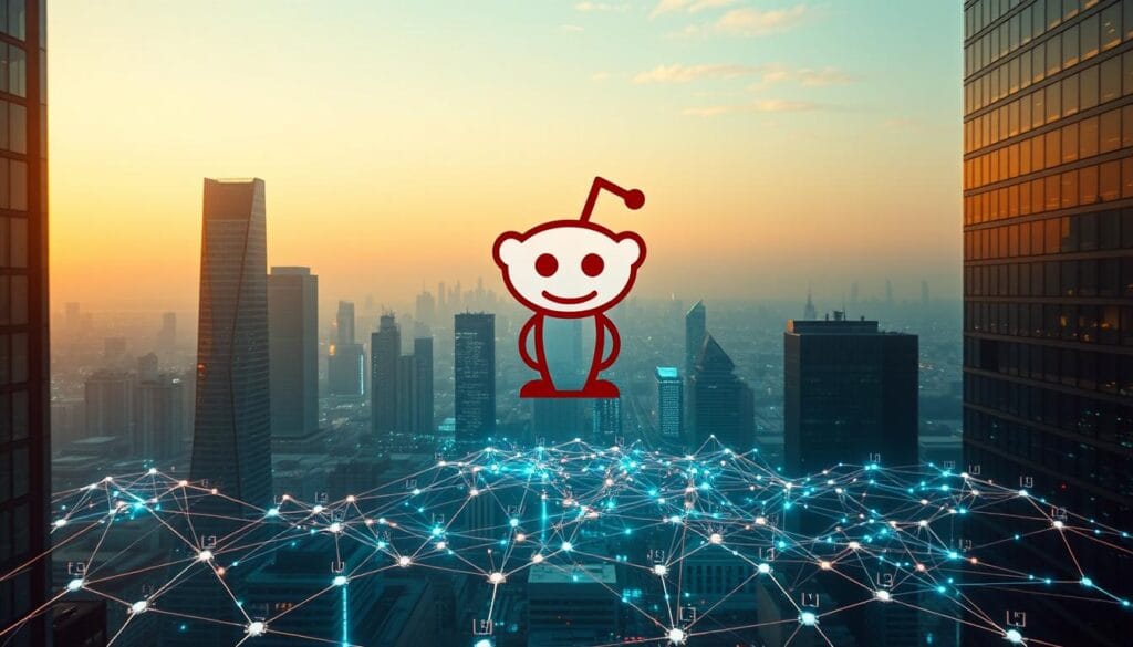 A bustling digital landscape, the Reddit logo shines atop a modern, minimalist cityscape. Gleaming skyscrapers and futuristic architecture frame the scene, conveying the platform's rapid growth and technological prowess. In the foreground, a vibrant network of interconnected nodes and data streams pulsate, representing the platform's expansive user base and thriving online communities. Warm, diffused lighting casts a sense of optimism and innovation, capturing the energy and dynamism of the social media juggernaut. Captured through a wide-angle lens, the composition emphasizes the platform's scale and global reach, poised to capitalize on the evolving social media landscape.
