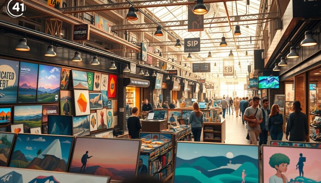 A bustling digital marketplace, a vibrant intersection of AI-generated art and dynamic commerce. In the foreground, a showcase of diverse digital artworks, each with a unique flair and aesthetic - abstract landscapes, surreal portraits, and whimsical animations. In the middle ground, a network of curated storefronts and artist profiles, showcasing the work of innovative digital creators. The background is a kaleidoscope of interactive interfaces, intuitive search functions, and secure transaction platforms, all designed to empower artists and connect them with eager collectors. Warm lighting casts a gentle glow, evoking a sense of creativity and opportunity. The scene is a meticulously crafted amalgamation of technology, art, and the entrepreneurial spirit, capturing the essence of the AI art marketplace platforms. A bustling digital marketplace, a vibrant intersection of AI-generated art and dynamic commerce. In the foreground, a showcase of diverse digital artworks, each with a unique flair and aesthetic - abstract landscapes, surreal portraits, and whimsical animations. In the middle ground, a network of curated storefronts and artist profiles, showcasing the work of innovative digital creators. The background is a kaleidoscope of interactive interfaces, intuitive search functions, and secure transaction platforms, all designed to empower artists and connect them with eager collectors. Warm lighting casts a gentle glow, evoking a sense of creativity and opportunity. The scene is a meticulously crafted amalgamation of technology, art, and the entrepreneurial spirit, capturing the essence of the AI art marketplace platforms.