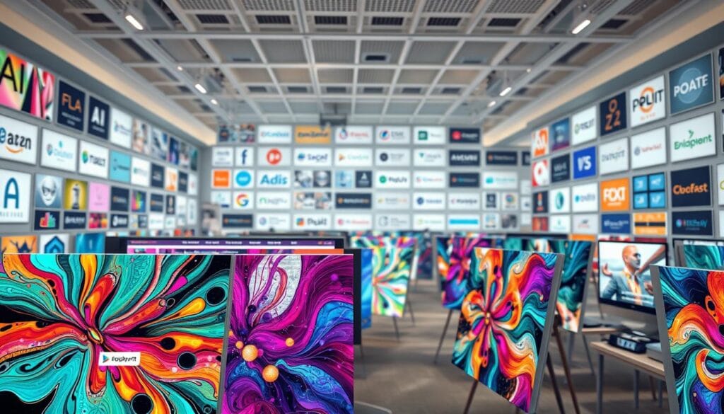 A bustling digital marketplace, showcasing a variety of AI-generated artworks. In the foreground, vibrant abstract compositions dance across digital canvases, their intricate patterns and colors captivating the viewer. In the middle ground, sleek user interfaces allow artists to seamlessly upload, manage, and promote their AI-created masterpieces. The background is a kaleidoscope of logos and branding from leading AI art platforms, each vying for the attention of discerning collectors and enthusiasts. Soft, diffused lighting illuminates the scene, creating a sense of elegance and professionalism. The overall atmosphere is one of innovation, creativity, and the endless possibilities of AI-powered artistic expression. A bustling digital marketplace, showcasing a variety of AI-generated artworks. In the foreground, vibrant abstract compositions dance across digital canvases, their intricate patterns and colors captivating the viewer. In the middle ground, sleek user interfaces allow artists to seamlessly upload, manage, and promote their AI-created masterpieces. The background is a kaleidoscope of logos and branding from leading AI art platforms, each vying for the attention of discerning collectors and enthusiasts. Soft, diffused lighting illuminates the scene, creating a sense of elegance and professionalism. The overall atmosphere is one of innovation, creativity, and the endless possibilities of AI-powered artistic expression.