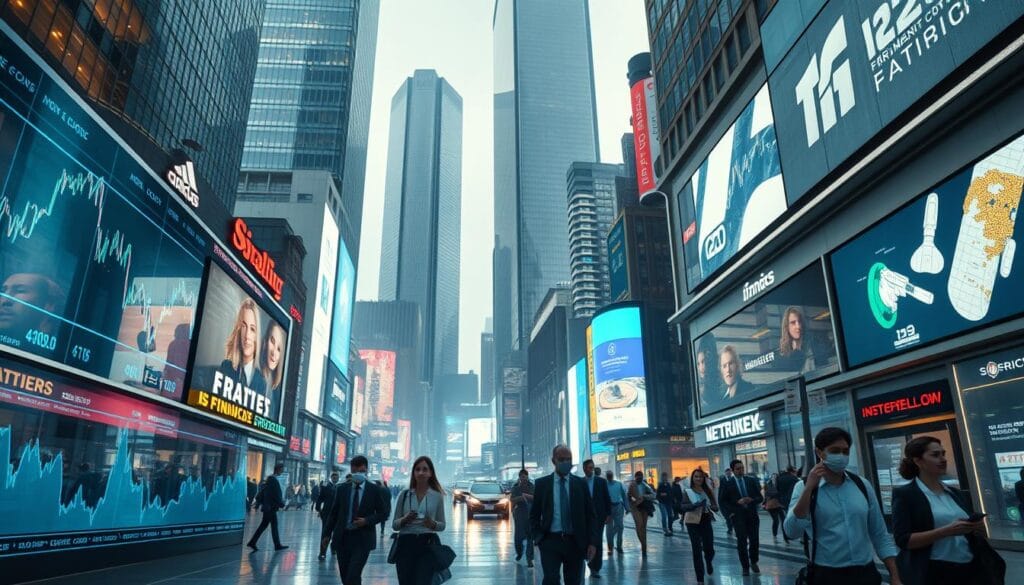 A bustling financial district in the year 2025, with sleek skyscrapers and futuristic architecture. In the foreground, holographic displays showcase dynamic stock charts and market data, reflecting the cutting-edge technology shaping the industry. The middle ground features well-dressed professionals hurrying to and fro, immersed in their digital devices and financial transactions. The background is adorned with neon-lit signage and digital billboards, casting an ethereal glow over the entire scene. The overall atmosphere conveys a sense of rapid progress, innovation, and the ever-evolving nature of the stock market landscape. A bustling financial district in the year 2025, with sleek skyscrapers and futuristic architecture. In the foreground, holographic displays showcase dynamic stock charts and market data, reflecting the cutting-edge technology shaping the industry. The middle ground features well-dressed professionals hurrying to and fro, immersed in their digital devices and financial transactions. The background is adorned with neon-lit signage and digital billboards, casting an ethereal glow over the entire scene. The overall atmosphere conveys a sense of rapid progress, innovation, and the ever-evolving nature of the stock market landscape.