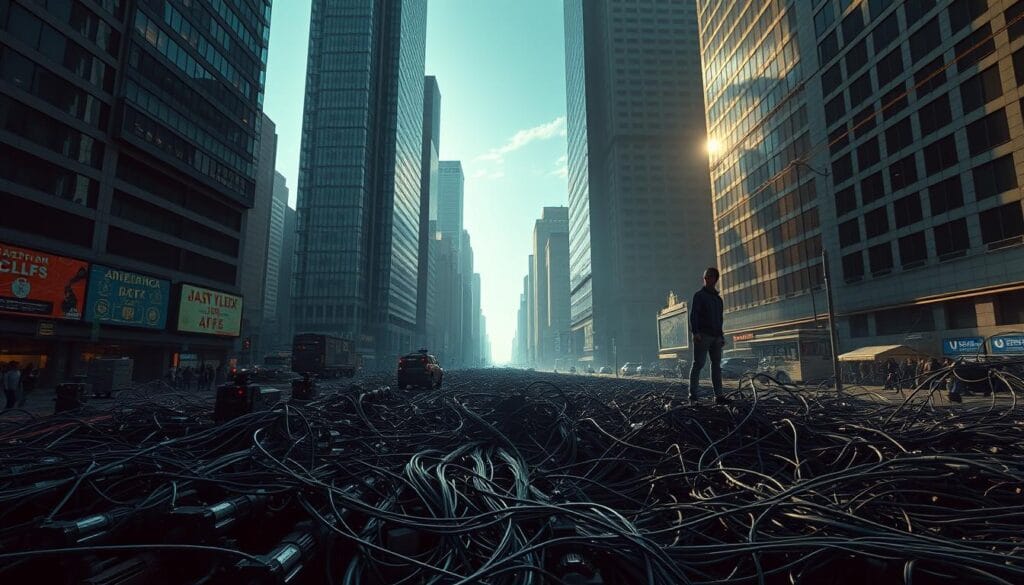 A bustling financial district, skyscrapers casting long shadows across a maze of interconnected systems. In the foreground, a tangled web of cables and circuits represents the complex infrastructure underlying modern finance. Amidst the chaos, a lone figure contemplates the challenges of integrating emerging technologies like blockchain into this established, yet fragile framework. The lighting is dramatic, with sharp contrasts between light and shadow, conveying a sense of unease and the need for innovation. The composition is balanced, with the towering buildings framing the central focus, inviting the viewer to explore the intricate details of this critical, yet vulnerable system. A bustling financial district, skyscrapers casting long shadows across a maze of interconnected systems. In the foreground, a tangled web of cables and circuits represents the complex infrastructure underlying modern finance. Amidst the chaos, a lone figure contemplates the challenges of integrating emerging technologies like blockchain into this established, yet fragile framework. The lighting is dramatic, with sharp contrasts between light and shadow, conveying a sense of unease and the need for innovation. The composition is balanced, with the towering buildings framing the central focus, inviting the viewer to explore the intricate details of this critical, yet vulnerable system.