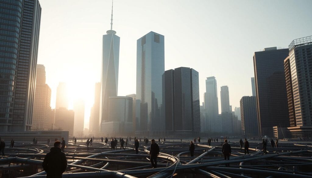 A bustling financial district, towering skyscrapers casting long shadows across a serene cityscape. In the foreground, a network of intertwined pipelines and cables, symbolizing the interconnected nature of modern financial systems. Soft, diffused lighting illuminates the scene, creating a sense of collaboration and cooperation. Individuals navigate through the urban landscape, their silhouettes suggesting a harmonious flow of activity. The overall composition conveys a vision of a technologically-advanced, yet humanistic approach to finance, where decentralized, peer-to-peer interactions thrive alongside traditional institutions.