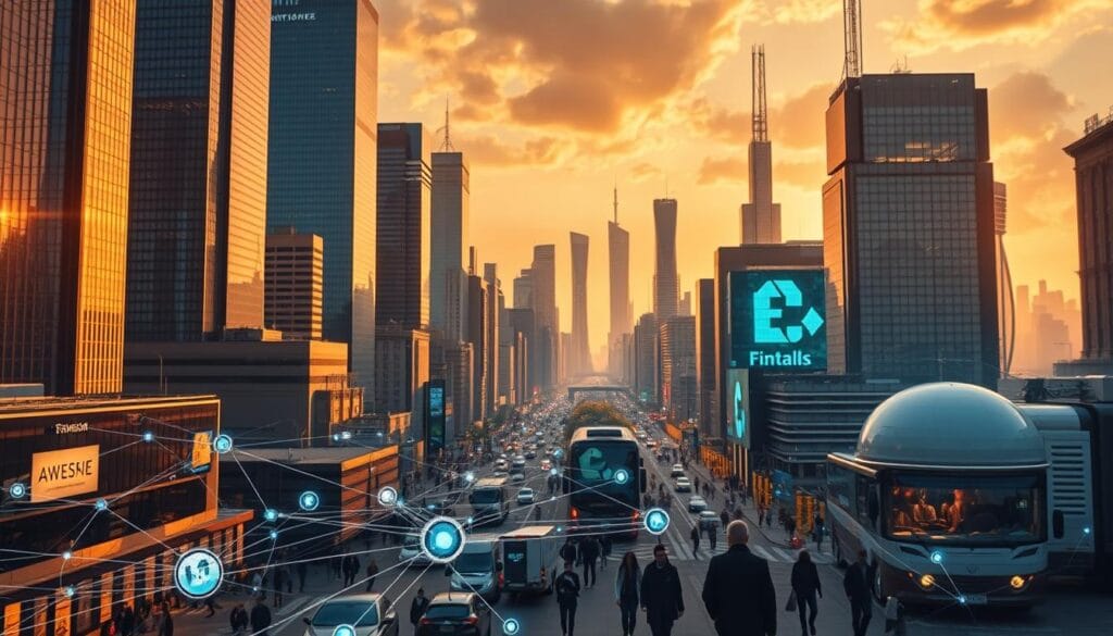 A bustling financial hub with towering skyscrapers and sleek corporate offices, bathed in warm, golden light. In the foreground, a network of digital connections and financial transactions flow seamlessly, representing the embedded finance market. Mid-ground, people navigate the urban landscape, accessing financial services seamlessly integrated into their daily lives. In the background, a futuristic cityscape with holographic displays and advanced infrastructure, symbolizing the cutting-edge technology powering the embedded finance ecosystem. The scene conveys a sense of progress, innovation, and the seamless integration of finance into our daily lives.