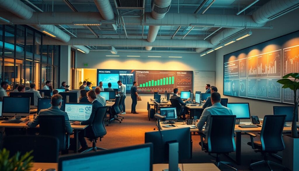 A bustling financial planning office, filled with the hum of activity and the glow of computer screens. In the foreground, a team of advisors pore over spreadsheets, meticulously charting the growth trajectories of thriving businesses. The middle ground showcases a modern, open-concept workspace, with sleek desks and ergonomic chairs arranged in a collaborative layout. In the background, a wall-mounted display board tracks key performance indicators, showcasing the scalability and adaptability of the financial planning solutions. Warm, diffused lighting casts a professional, yet inviting atmosphere, while a wide-angle lens captures the dynamic, forward-thinking nature of the scene. The overall impression conveys the seamless integration of technology, expertise, and strategic foresight that empowers growing businesses to achieve their financial goals. A bustling financial planning office, filled with the hum of activity and the glow of computer screens. In the foreground, a team of advisors pore over spreadsheets, meticulously charting the growth trajectories of thriving businesses. The middle ground showcases a modern, open-concept workspace, with sleek desks and ergonomic chairs arranged in a collaborative layout. In the background, a wall-mounted display board tracks key performance indicators, showcasing the scalability and adaptability of the financial planning solutions. Warm, diffused lighting casts a professional, yet inviting atmosphere, while a wide-angle lens captures the dynamic, forward-thinking nature of the scene. The overall impression conveys the seamless integration of technology, expertise, and strategic foresight that empowers growing businesses to achieve their financial goals.