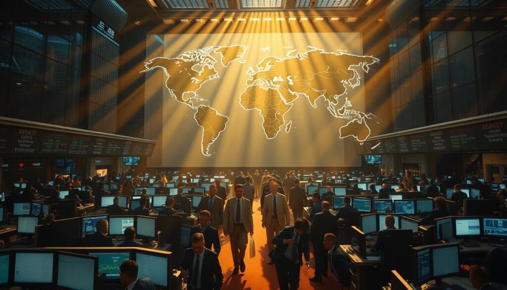 A bustling global financial hub, with towering skyscrapers casting long shadows across a crowded trading floor. Brokers in crisp suits hurry between terminals, their faces illuminated by the glow of screens displaying real-time market data. In the background, a vast world map dominates the scene, its contours etched in bold lines to represent the interconnected nature of the global economy. Rays of warm, golden light filter in through the floor-to-ceiling windows, lending an air of urgency and dynamism to the proceedings. The overall composition conveys the sense of a complex, fast-paced ecosystem where the fortunes of nations rise and fall in concert with the ebb and flow of international markets. A bustling global financial hub, with towering skyscrapers casting long shadows across a crowded trading floor. Brokers in crisp suits hurry between terminals, their faces illuminated by the glow of screens displaying real-time market data. In the background, a vast world map dominates the scene, its contours etched in bold lines to represent the interconnected nature of the global economy. Rays of warm, golden light filter in through the floor-to-ceiling windows, lending an air of urgency and dynamism to the proceedings. The overall composition conveys the sense of a complex, fast-paced ecosystem where the fortunes of nations rise and fall in concert with the ebb and flow of international markets.