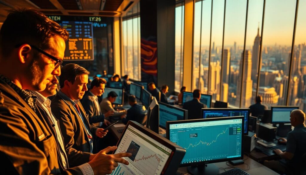 A bustling gold trading floor, illuminated by warm, golden light filtering through large windows. The foreground features a group of traders intently examining price charts and making real-time decisions, their faces alight with focused determination. In the middle ground, rows of computer terminals display live market data, with brokers rapidly executing trades. The background showcases a panoramic view of the city skyline, reflecting the growing global significance of the gold market. The scene conveys a sense of dynamic, high-stakes financial activity, positioning gold as a coveted asset worth investing in during times of economic uncertainty. A bustling gold trading floor, illuminated by warm, golden light filtering through large windows. The foreground features a group of traders intently examining price charts and making real-time decisions, their faces alight with focused determination. In the middle ground, rows of computer terminals display live market data, with brokers rapidly executing trades. The background showcases a panoramic view of the city skyline, reflecting the growing global significance of the gold market. The scene conveys a sense of dynamic, high-stakes financial activity, positioning gold as a coveted asset worth investing in during times of economic uncertainty.