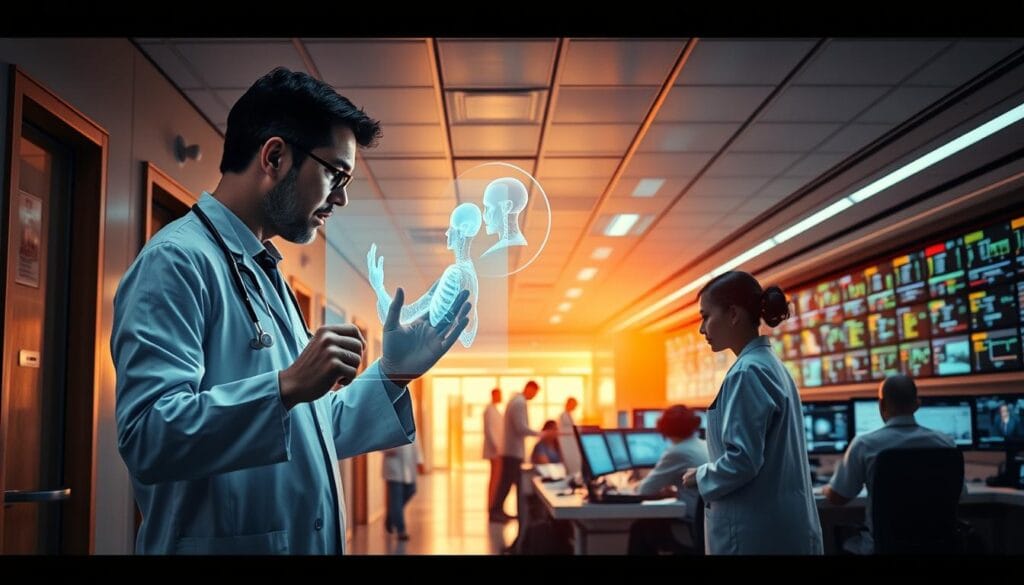 A bustling hospital corridor, bathed in warm, diffused lighting. In the foreground, a doctor intently examines a patient's holographic projection, manipulating it with precise gestures. In the middle ground, nurses collaborate around a central console, analyzing real-time data streams and coordinating care. In the background, an expansive control room filled with banks of monitors, where teams of specialists monitor the facility's operations, guided by insights from generative AI models. The atmosphere is one of focused, technological innovation, where human expertise and advanced computational capabilities seamlessly integrate to deliver personalized, data-driven healthcare. A bustling hospital corridor, bathed in warm, diffused lighting. In the foreground, a doctor intently examines a patient's holographic projection, manipulating it with precise gestures. In the middle ground, nurses collaborate around a central console, analyzing real-time data streams and coordinating care. In the background, an expansive control room filled with banks of monitors, where teams of specialists monitor the facility's operations, guided by insights from generative AI models. The atmosphere is one of focused, technological innovation, where human expertise and advanced computational capabilities seamlessly integrate to deliver personalized, data-driven healthcare.