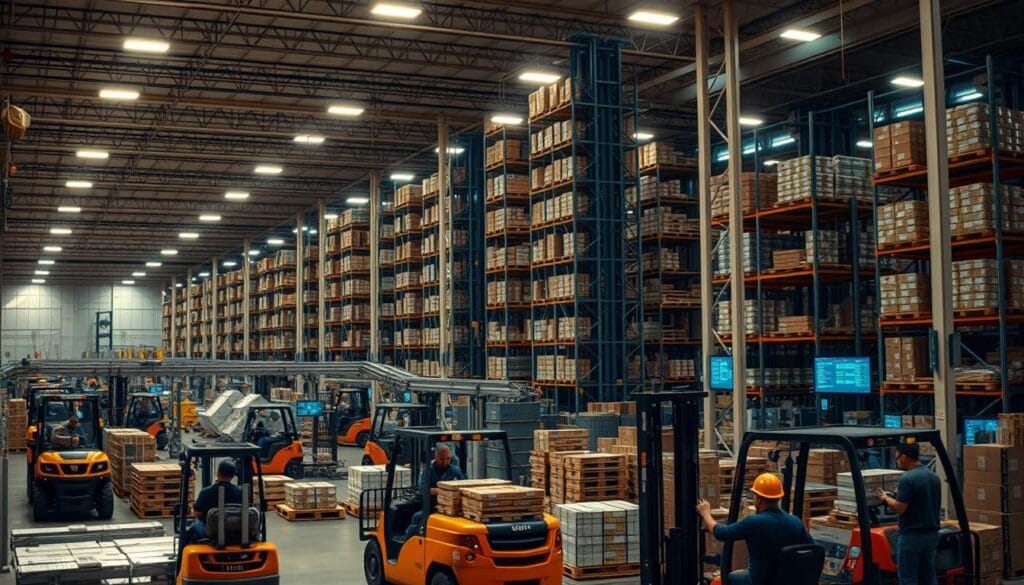 A bustling industrial warehouse, bathed in warm, diffused lighting from overhead fixtures. In the foreground, workers in hardhats maneuver forklifts, loading and unloading pallets of goods. In the middle ground, a complex network of conveyor belts and automated packaging stations efficiently move products through the supply chain. In the background, a towering racking system stores an abundance of inventory, monitored by a sophisticated digital tracking system. The scene conveys a sense of coordinated productivity, with technology seamlessly integrated into the real-world operations of a modern, high-efficiency supply chain. A bustling industrial warehouse, bathed in warm, diffused lighting from overhead fixtures. In the foreground, workers in hardhats maneuver forklifts, loading and unloading pallets of goods. In the middle ground, a complex network of conveyor belts and automated packaging stations efficiently move products through the supply chain. In the background, a towering racking system stores an abundance of inventory, monitored by a sophisticated digital tracking system. The scene conveys a sense of coordinated productivity, with technology seamlessly integrated into the real-world operations of a modern, high-efficiency supply chain.