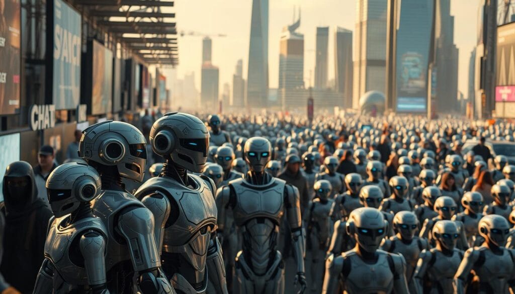 A bustling marketplace filled with a diverse array of AI chatbots, each vying for attention and market share. In the foreground, a cluster of sleek, cutting-edge chatbots stand out, their interfaces shimmering with cutting-edge technology. In the middle ground, a sea of chatbots in various stages of development, their shapes and sizes reflecting the rapid growth and innovation in the industry. In the background, a towering skyline of gleaming skyscrapers and futuristic architecture, symbolizing the rapid expansion and global reach of the AI chatbot revolution. The scene is bathed in a warm, golden light, conveying a sense of optimism and progress. The overall mood is one of excitement, dynamism, and the promise of a future where AI-powered conversational agents are seamlessly integrated into our daily lives. A bustling marketplace filled with a diverse array of AI chatbots, each vying for attention and market share. In the foreground, a cluster of sleek, cutting-edge chatbots stand out, their interfaces shimmering with cutting-edge technology. In the middle ground, a sea of chatbots in various stages of development, their shapes and sizes reflecting the rapid growth and innovation in the industry. In the background, a towering skyline of gleaming skyscrapers and futuristic architecture, symbolizing the rapid expansion and global reach of the AI chatbot revolution. The scene is bathed in a warm, golden light, conveying a sense of optimism and progress. The overall mood is one of excitement, dynamism, and the promise of a future where AI-powered conversational agents are seamlessly integrated into our daily lives.