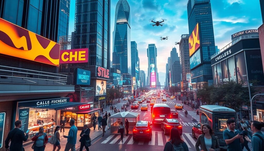 A bustling metropolitan scene depicting the current state of contactless payments in the U.S. A futuristic cityscape with towering skyscrapers and sleek, high-tech infrastructure. In the foreground, people hurry through the streets, effortlessly tapping their smartphones, smartwatches, and contactless cards on payment terminals at bustling storefronts and food carts. Glowing holographic interfaces and floating digital screens showcase the seamless integration of contactless technology into everyday transactions. The middle ground features a busy intersection, with self-driving vehicles and delivery drones navigating the traffic. The background is illuminated by a vibrant, neon-lit skyline, reflecting the dynamic, tech-savvy nature of the modern cashless society. A bustling metropolitan scene depicting the current state of contactless payments in the U.S. A futuristic cityscape with towering skyscrapers and sleek, high-tech infrastructure. In the foreground, people hurry through the streets, effortlessly tapping their smartphones, smartwatches, and contactless cards on payment terminals at bustling storefronts and food carts. Glowing holographic interfaces and floating digital screens showcase the seamless integration of contactless technology into everyday transactions. The middle ground features a busy intersection, with self-driving vehicles and delivery drones navigating the traffic. The background is illuminated by a vibrant, neon-lit skyline, reflecting the dynamic, tech-savvy nature of the modern cashless society.