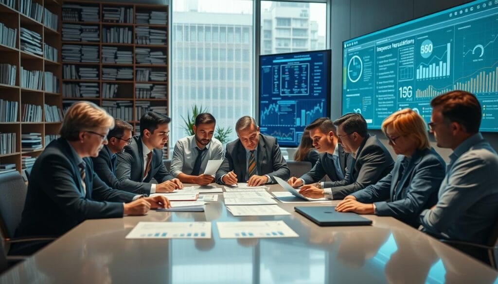 A bustling office scene with a team of insurance professionals gathered around a large, sleek table, meticulously reviewing compliance documents and charts. Soft, directional lighting casts subtle shadows, highlighting the focused expressions and intense discussions. In the background, a towering bookshelf filled with industry regulations and a digital display showcasing complex data visualizations, representing the scalability and technological integration necessary for the modern insurance landscape. The atmosphere is one of thoughtful deliberation, as the team navigates the intricate balance of regulatory requirements and the need for agile, scalable solutions to serve their clients effectively.