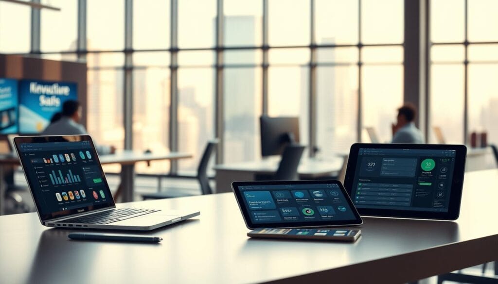 A bustling office setting filled with modern technology. In the foreground, a laptop, smartphone, and tablet are placed neatly on a sleek, minimalist desk. The middle ground showcases various productivity apps and money-saving tools displayed on the digital screens. In the background, a large window reveals a cityscape, bathed in warm, natural lighting. The overall atmosphere conveys a sense of efficiency, organization, and financial empowerment through the strategic use of technology. A bustling office setting filled with modern technology. In the foreground, a laptop, smartphone, and tablet are placed neatly on a sleek, minimalist desk. The middle ground showcases various productivity apps and money-saving tools displayed on the digital screens. In the background, a large window reveals a cityscape, bathed in warm, natural lighting. The overall atmosphere conveys a sense of efficiency, organization, and financial empowerment through the strategic use of technology.