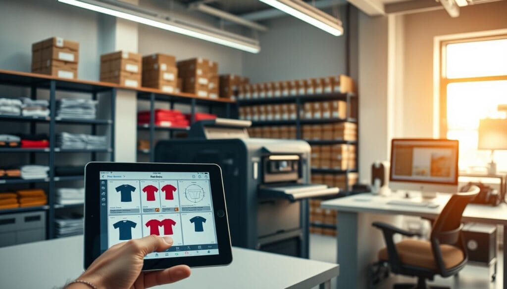 A bustling print-on-demand workflow in a crisp, digital workspace. In the foreground, a tablet displays product designs and order management software. At the center, a state-of-the-art printer rapidly churns out customized apparel. In the background, shelves brimming with packaged items await fulfillment, while a desktop computer monitors inventory and sales analytics. Warm, indirect lighting sets a professional, efficient atmosphere, while the clean, minimalist aesthetic conveys a streamlined, technology-driven process. The scene captures the seamless integration of creativity, automation, and e-commerce that defines the modern print-on-demand industry. A bustling print-on-demand workflow in a crisp, digital workspace. In the foreground, a tablet displays product designs and order management software. At the center, a state-of-the-art printer rapidly churns out customized apparel. In the background, shelves brimming with packaged items await fulfillment, while a desktop computer monitors inventory and sales analytics. Warm, indirect lighting sets a professional, efficient atmosphere, while the clean, minimalist aesthetic conveys a streamlined, technology-driven process. The scene captures the seamless integration of creativity, automation, and e-commerce that defines the modern print-on-demand industry.