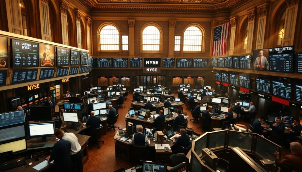 A bustling stock trading floor illuminated by warm, natural light filtering through large windows. In the foreground, a group of determined traders intently monitoring multiple screens and making rapid transactions. In the middle ground, an array of trading terminals and workstations arranged in a organized, grid-like pattern. The background depicts the grand, architectural details of the building, conveying a sense of history and prestige. The overall atmosphere is one of focused intensity, as the traders navigate the dynamic flow of the financial markets. A bustling stock trading floor illuminated by warm, natural light filtering through large windows. In the foreground, a group of determined traders intently monitoring multiple screens and making rapid transactions. In the middle ground, an array of trading terminals and workstations arranged in a organized, grid-like pattern. The background depicts the grand, architectural details of the building, conveying a sense of history and prestige. The overall atmosphere is one of focused intensity, as the traders navigate the dynamic flow of the financial markets.