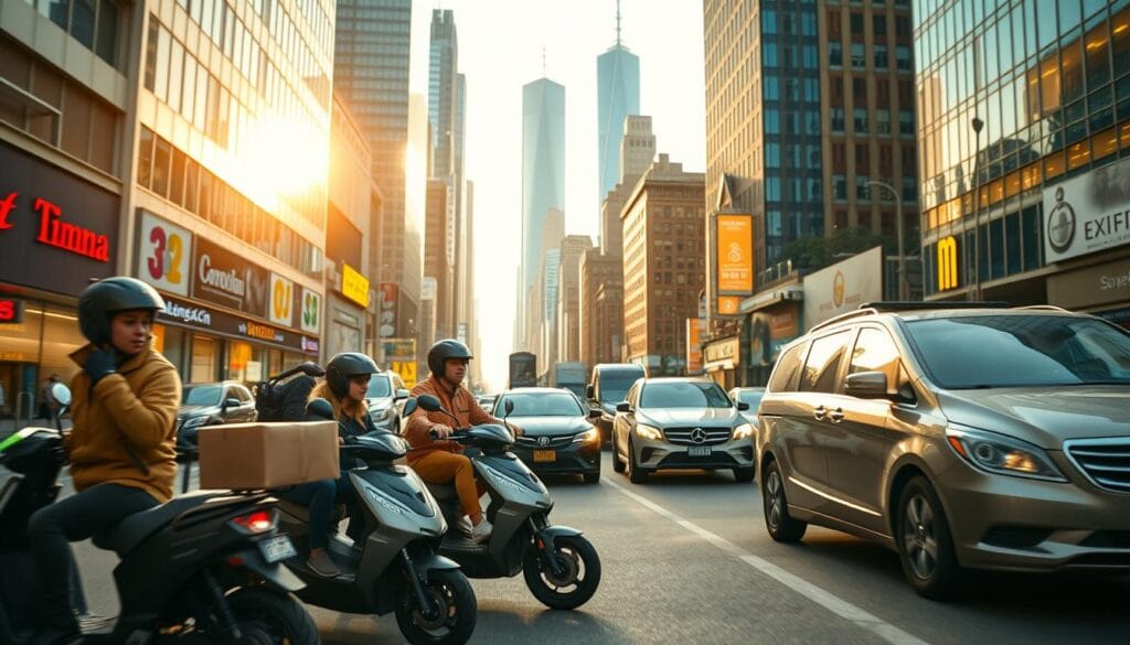 A bustling urban scene captures the gig economy in motion. In the foreground, a group of delivery drivers on sleek electric mopeds zip through the streets, packages in hand. In the middle ground, rideshare vehicles navigate the congested roads, their drivers focused behind the wheel. In the background, towering skyscrapers and neon-lit storefronts create a dynamic, high-energy environment. Warm afternoon sunlight filters through, casting a golden glow over the whole scene. The overall atmosphere conveys the fast-paced, on-demand nature of today's gig work, where flexibility and efficiency are the keys to success. A bustling urban scene captures the gig economy in motion. In the foreground, a group of delivery drivers on sleek electric mopeds zip through the streets, packages in hand. In the middle ground, rideshare vehicles navigate the congested roads, their drivers focused behind the wheel. In the background, towering skyscrapers and neon-lit storefronts create a dynamic, high-energy environment. Warm afternoon sunlight filters through, casting a golden glow over the whole scene. The overall atmosphere conveys the fast-paced, on-demand nature of today's gig work, where flexibility and efficiency are the keys to success.