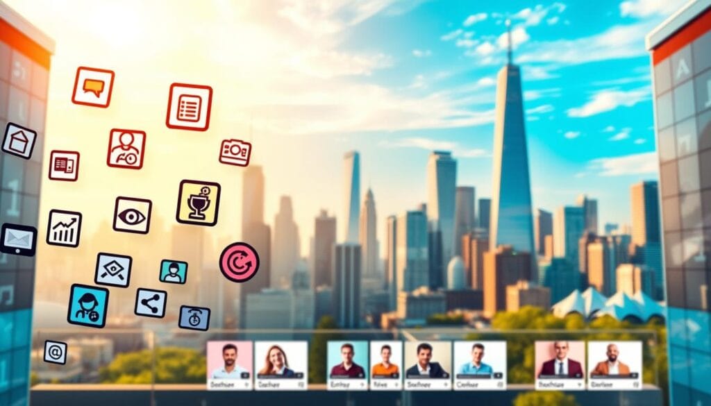 A bustling virtual freelance marketplace, with a sleek, modern interface. In the foreground, various freelance service icons float, including web design, copywriting, software development, and virtual assistance. The middle ground features a grid of freelancer profiles, showcasing diverse skills and expertise. In the background, a vibrant city skyline with gleaming skyscrapers and a serene, azure sky, bathed in warm, golden lighting, creating an atmosphere of opportunity and endless possibilities. The scene conveys the dynamic, collaborative nature of the modern freelance economy, where skilled professionals thrive in a flexible, digital landscape.