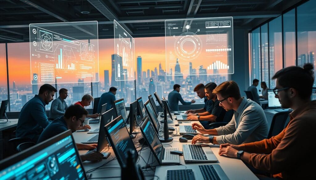 A bustling workspace with programmers and designers collaborating on sleek, minimalist interfaces. Holographic displays hover above their desks, showcasing intricate AI algorithms and data visualizations. Warm, diffused lighting accentuates the focus and concentration on their faces as they code and ideate. In the background, towering skyscrapers and a vibrant cityscape hint at the global impact of their AI-driven innovations. The scene conveys a sense of technological prowess, boundless creativity, and the synergy between human ingenuity and artificial intelligence.