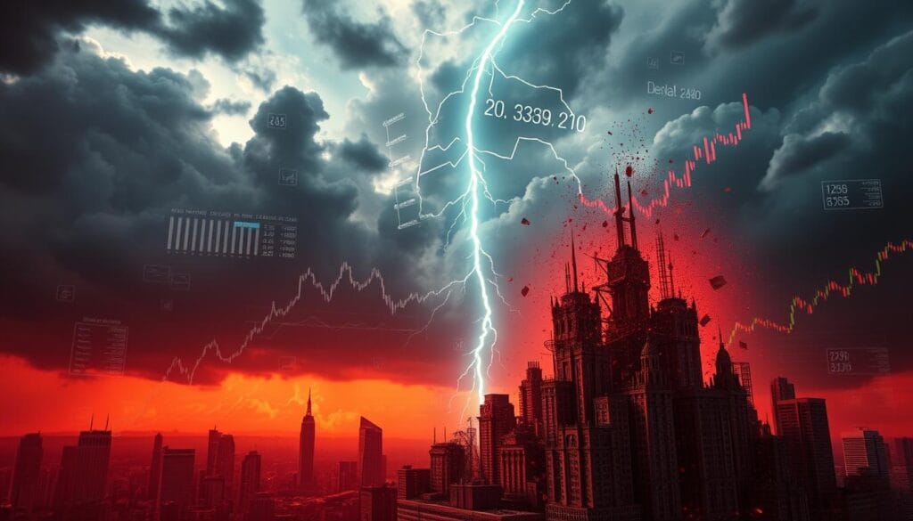 A chaotic swirl of dynamic financial data, graphs, and charts against a backdrop of stormy clouds and lightning. In the foreground, a disintegrating model of a city skyline represents the volatility and risks inherent in the AI market. Ominous red and orange hues cast an unsettling atmosphere, while the dramatic lighting and camera angle convey a sense of impending turmoil. Shadows and distortion effects suggest the unpredictable nature of AI-driven markets, where fortunes can rise and fall rapidly. The overall impression is one of uncertainty, danger, and the need for caution when navigating the turbulent AI investment landscape. A chaotic swirl of dynamic financial data, graphs, and charts against a backdrop of stormy clouds and lightning. In the foreground, a disintegrating model of a city skyline represents the volatility and risks inherent in the AI market. Ominous red and orange hues cast an unsettling atmosphere, while the dramatic lighting and camera angle convey a sense of impending turmoil. Shadows and distortion effects suggest the unpredictable nature of AI-driven markets, where fortunes can rise and fall rapidly. The overall impression is one of uncertainty, danger, and the need for caution when navigating the turbulent AI investment landscape.